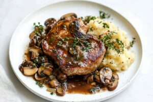 Delicious pork marsala with a deep brown sauce and a sprinkle of parsley.