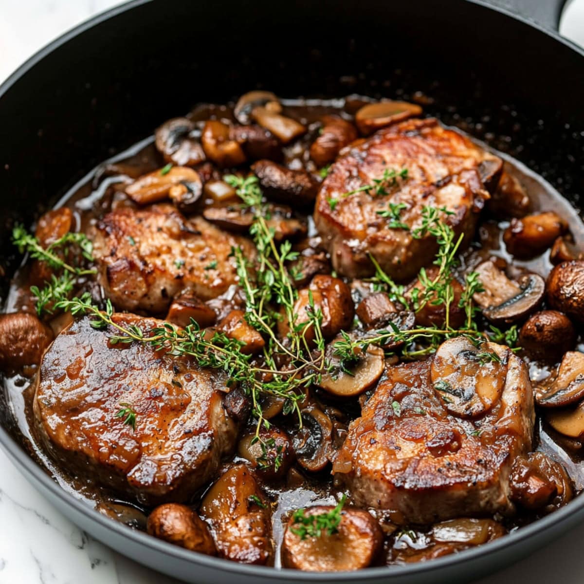 Pork marsala in a skillet, with thyme and mushrooms.