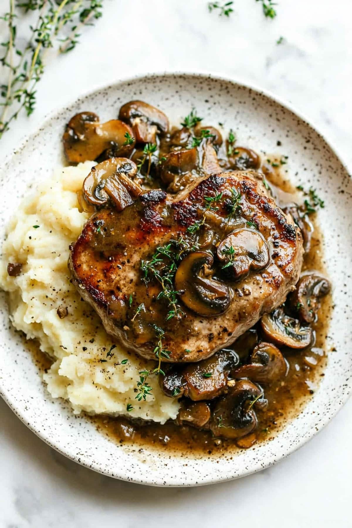 Homemade pork masala with mashed potatoes and mushrooms, garnished with herbs