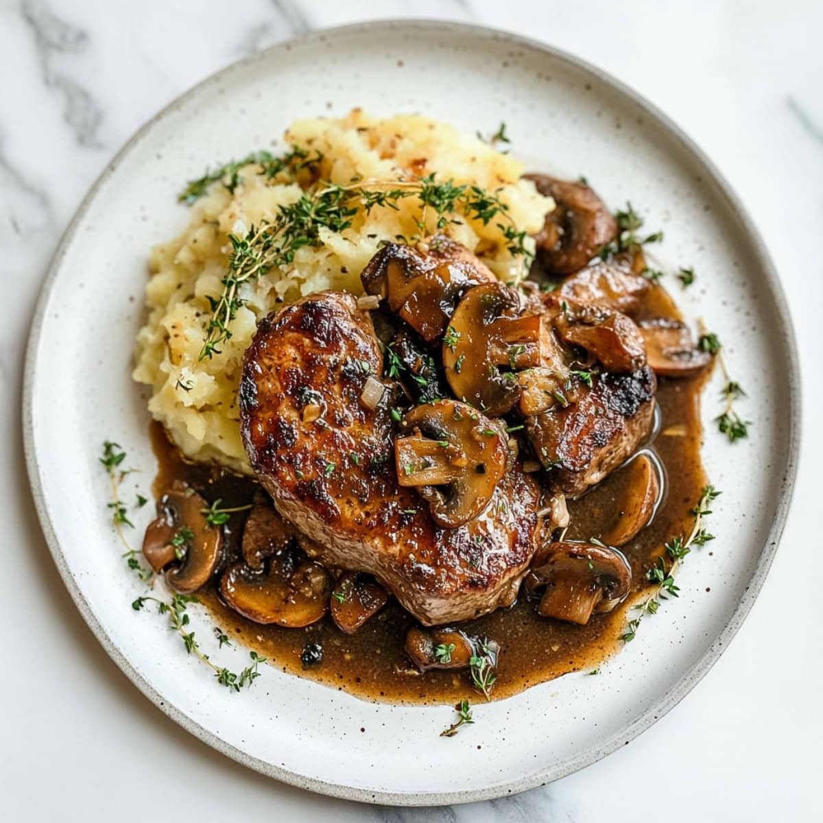 Close-up of succulent pork marsala, garnished with fresh herbs and served with mashed potatoes.