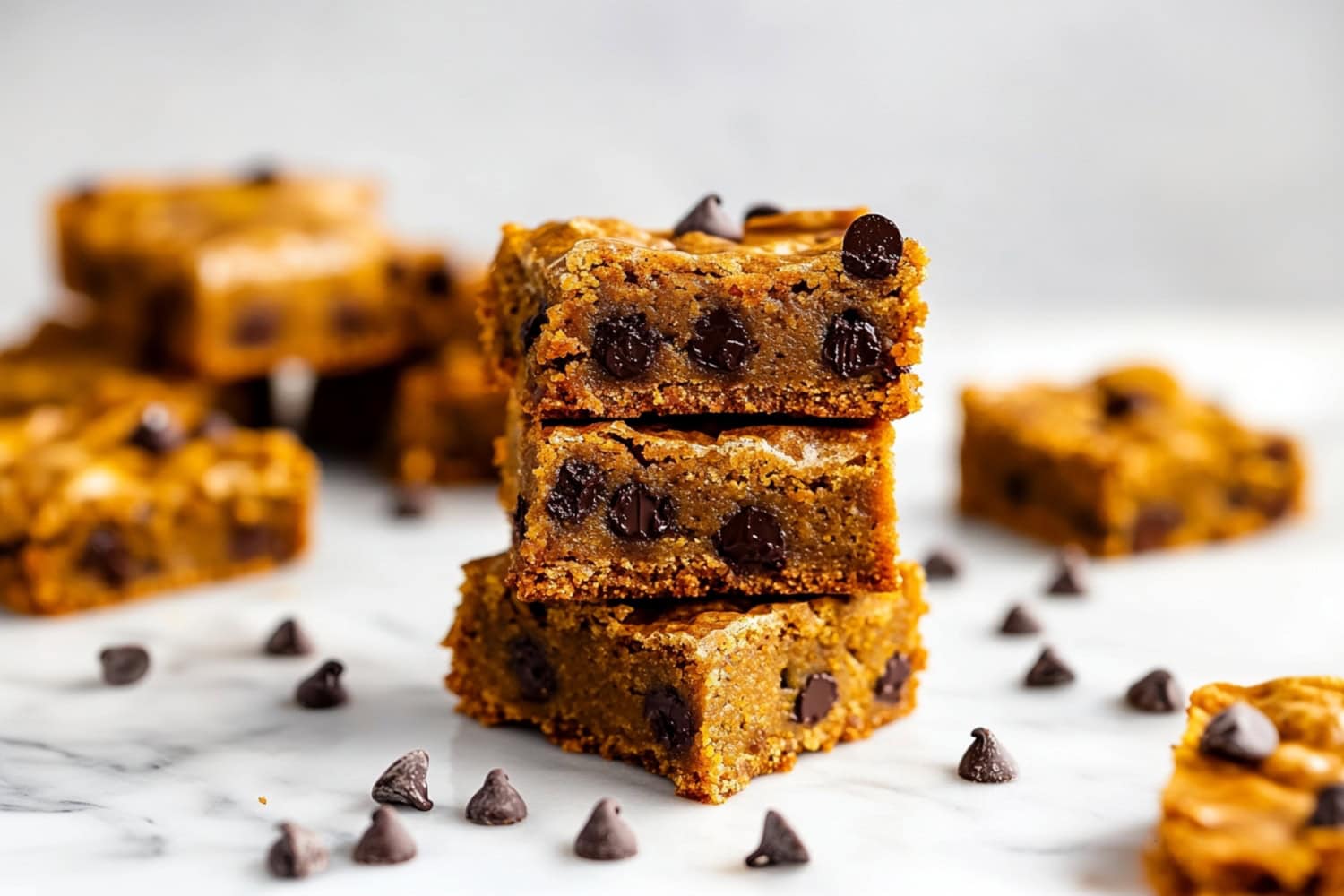 Stack of pumpkin blondies with a soft and fudy texture.