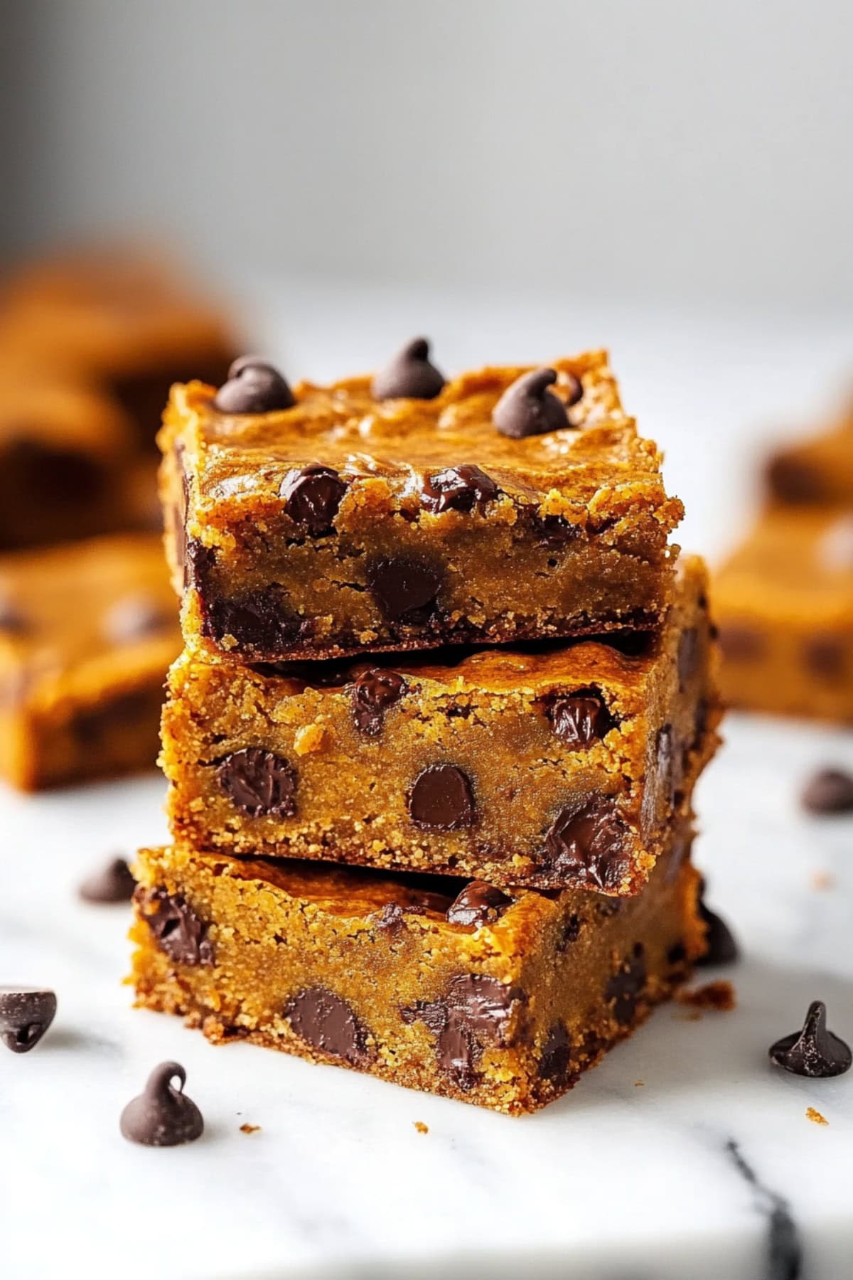 A stack of pumpkin blondies with chococolate chips on a white marble table.