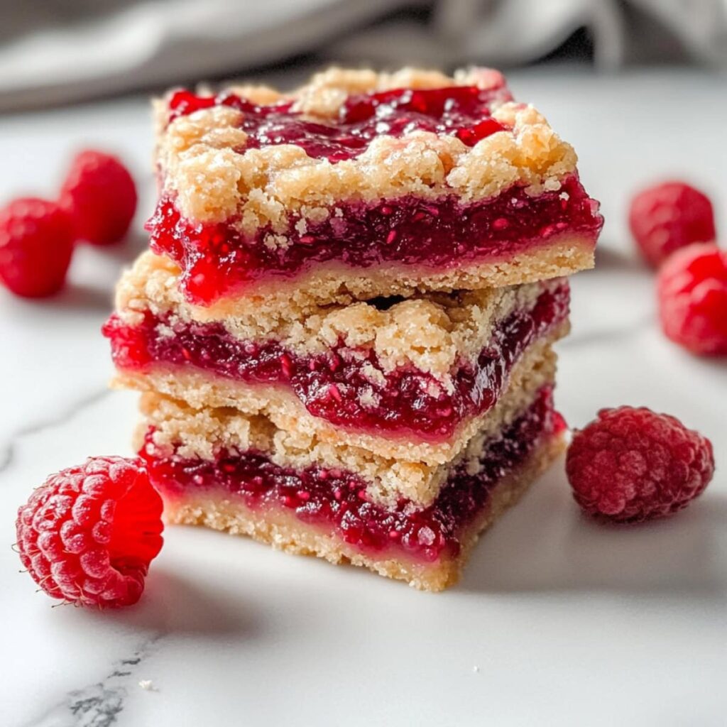 Raspberry crumble bars stacked on a marble counter