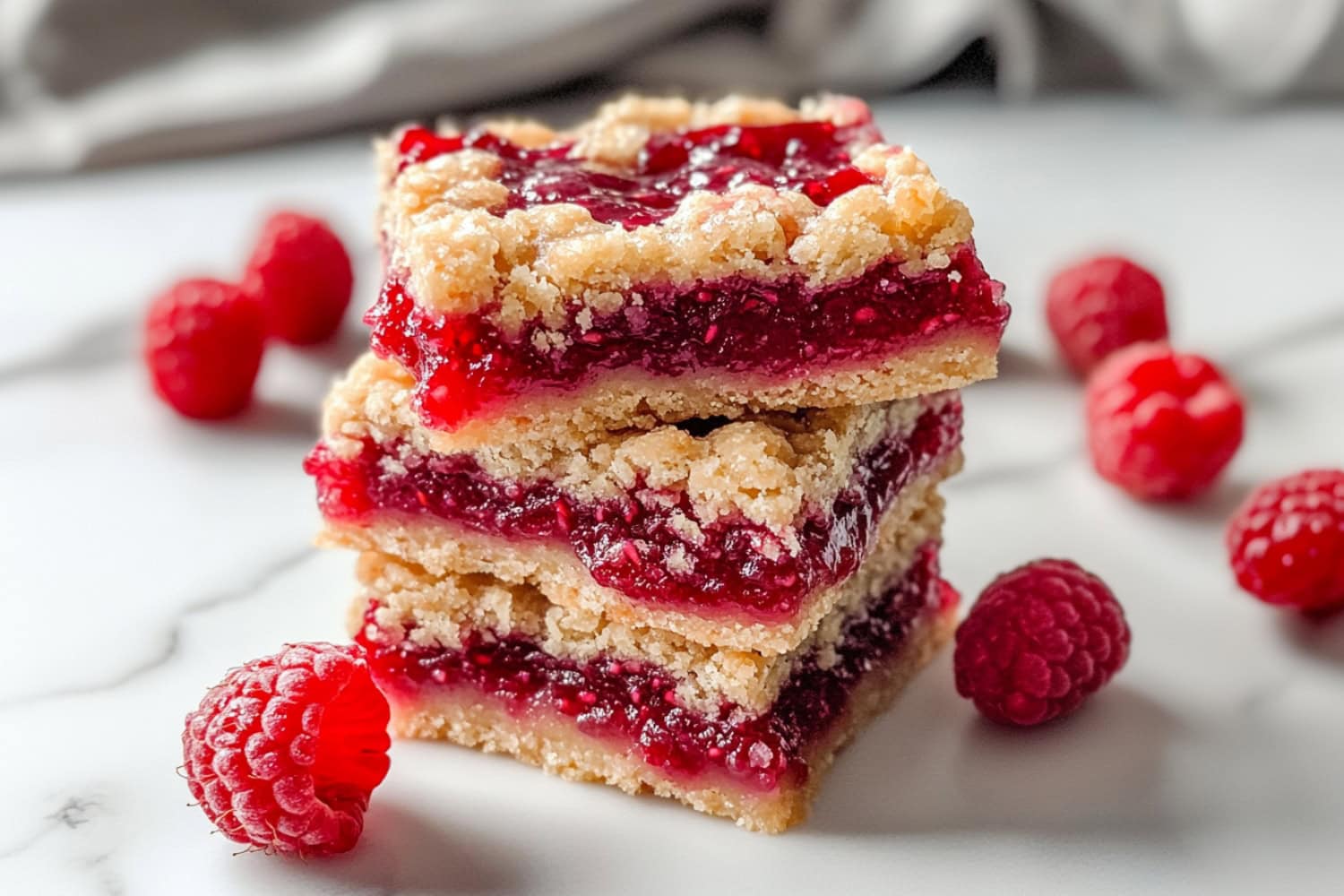 Sweet and fruity homemade raspberry jam bars stacked.