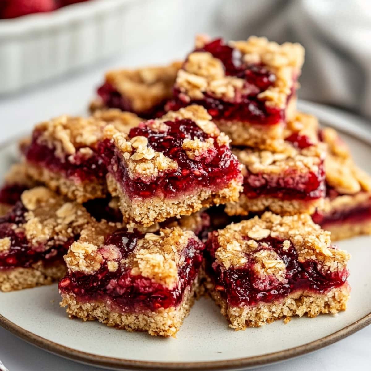 Homeamde raspberry jam and oat bars on a plate.