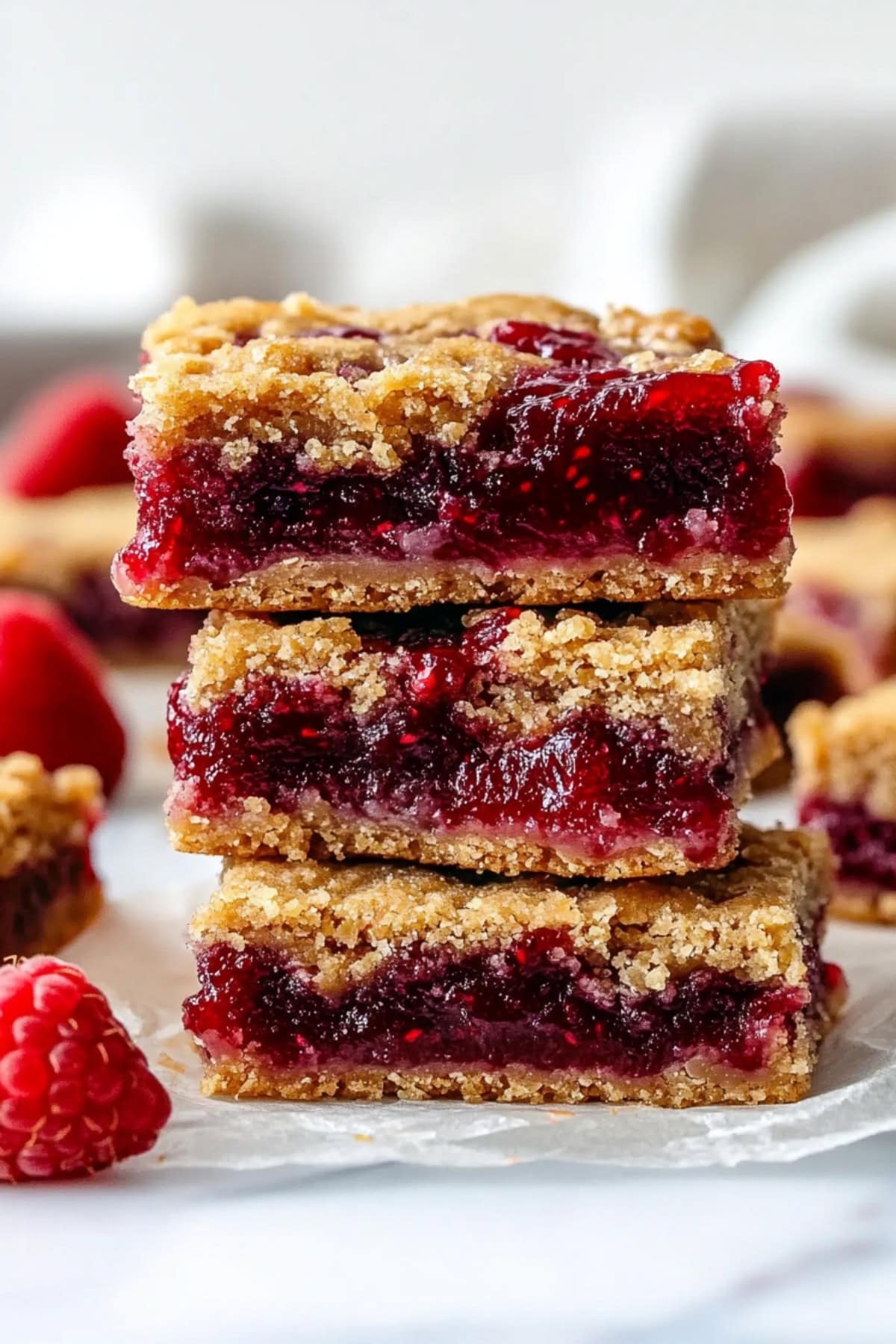 Raspberry jam bars with a crumbled top sitting on a white parchment paper, side view