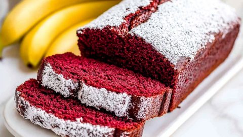 A freshly baked loaf of red velvet banana bread.