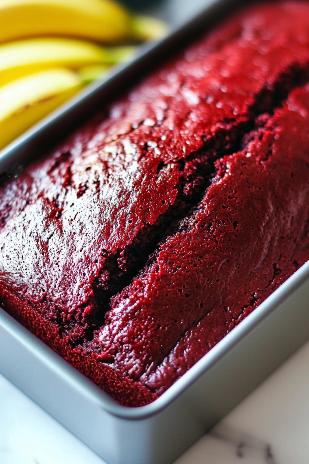 Close-up of warm red velvet banana bread in a loaf pan before being dusted with powdered sugar. 
