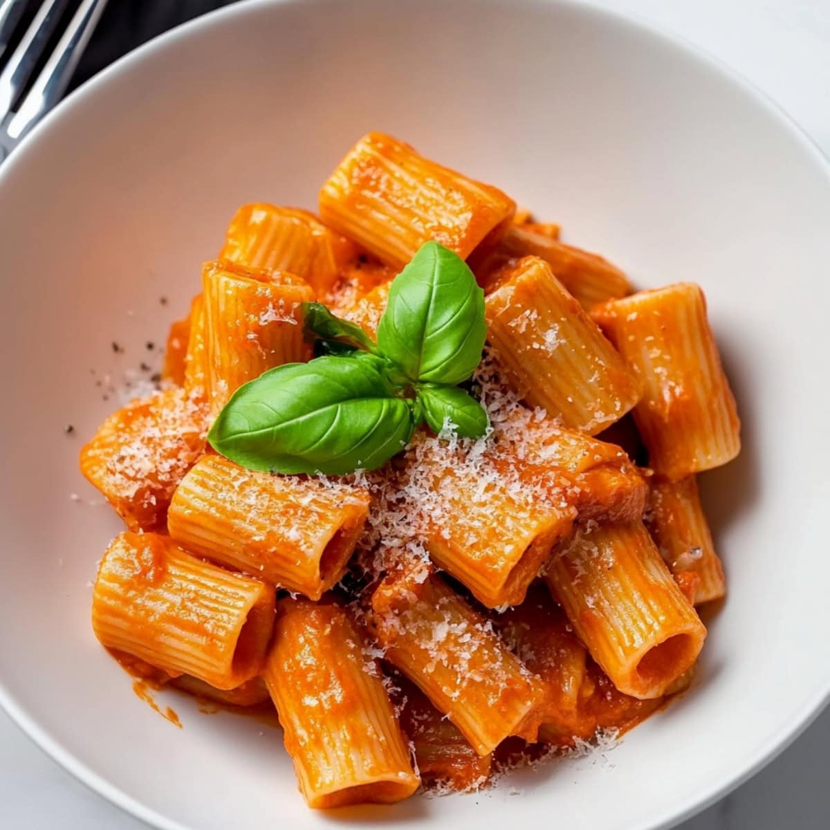 A plate of rigatoni pasta covered in a creamy pink vodka sauce, garnished with grated parmesan.