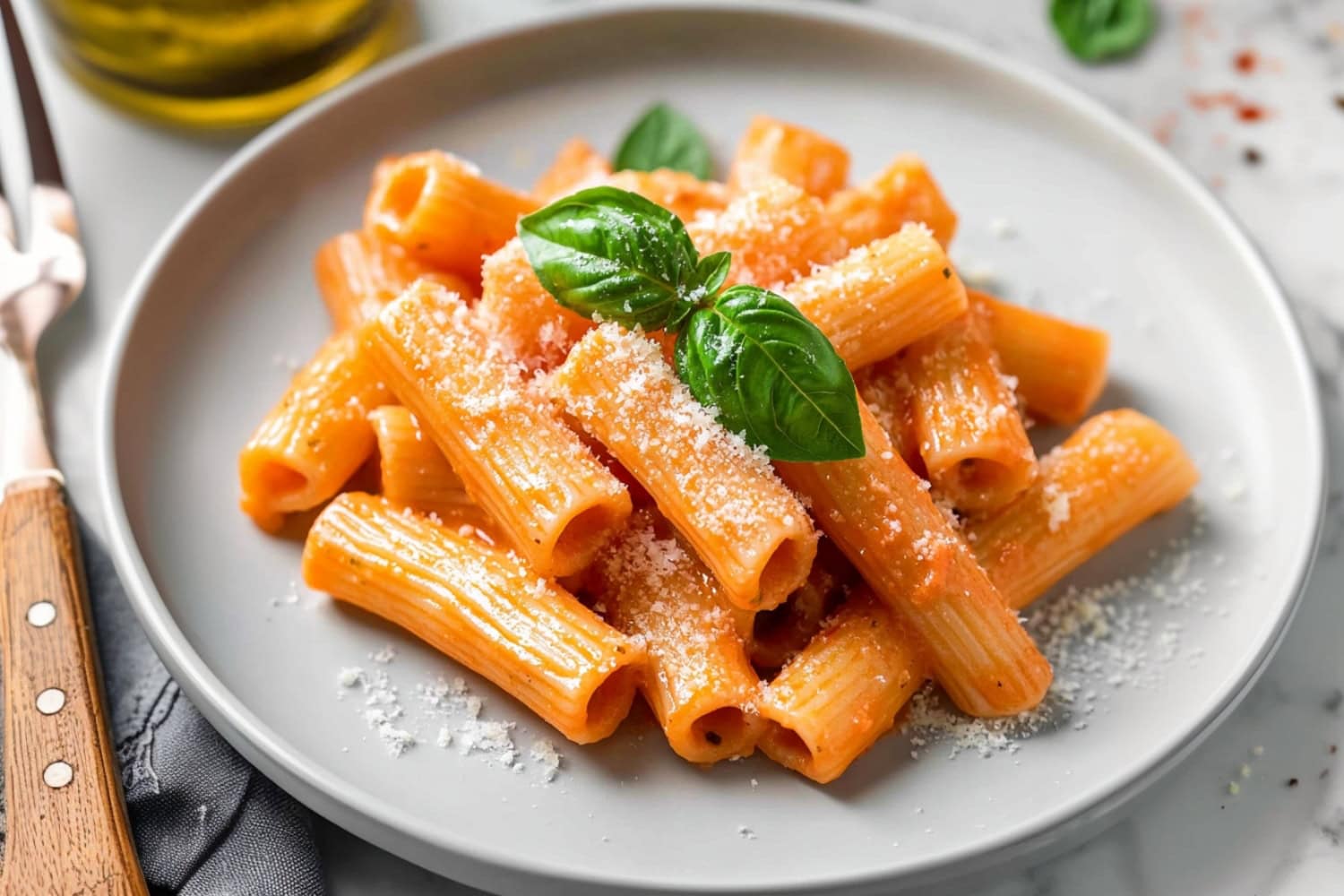 Rigatoni alla vodka on a white plate with tomato sauce.