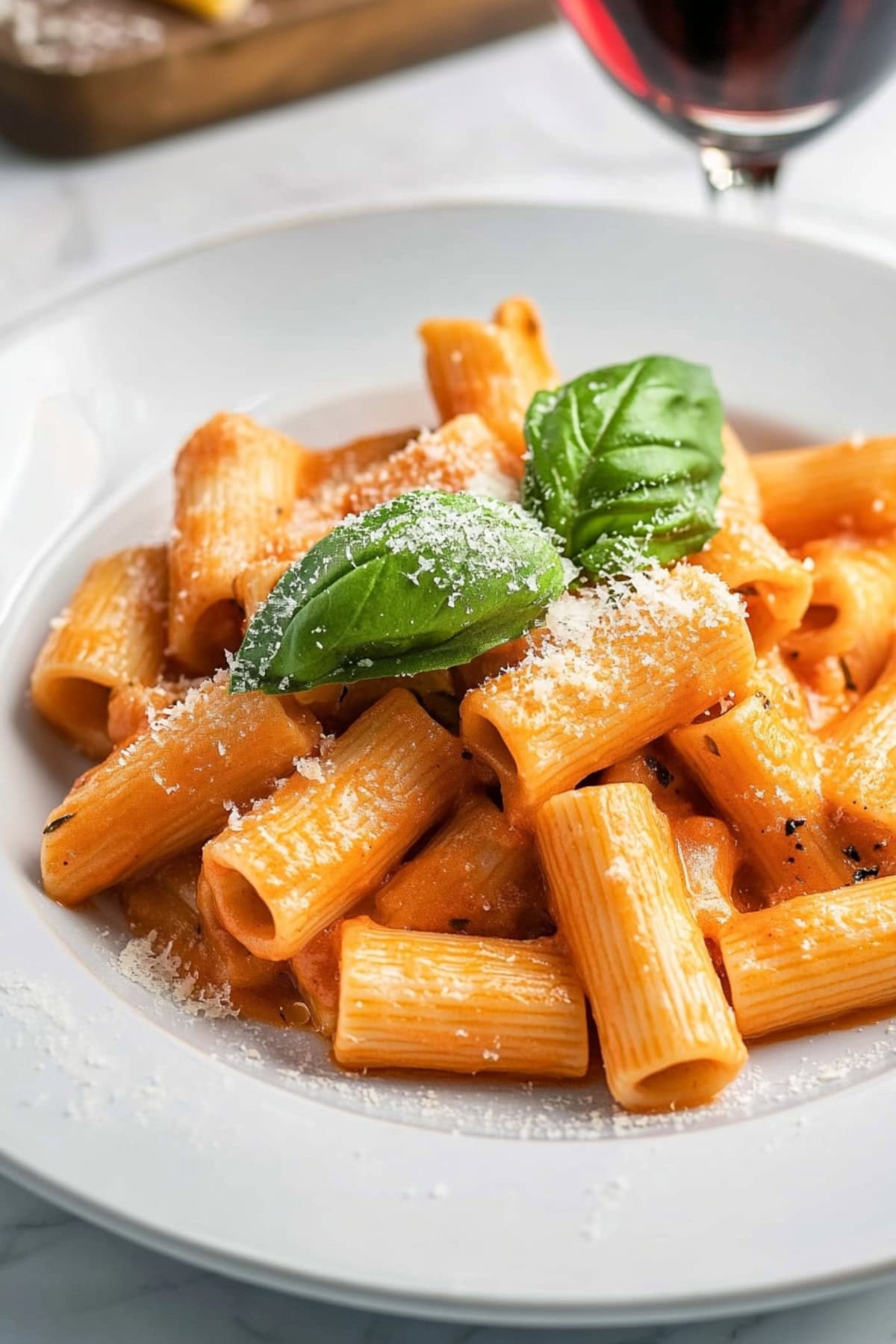 Rigatoni alla Vodka with grated parmesan and fresh basil, served with a glass of wine.