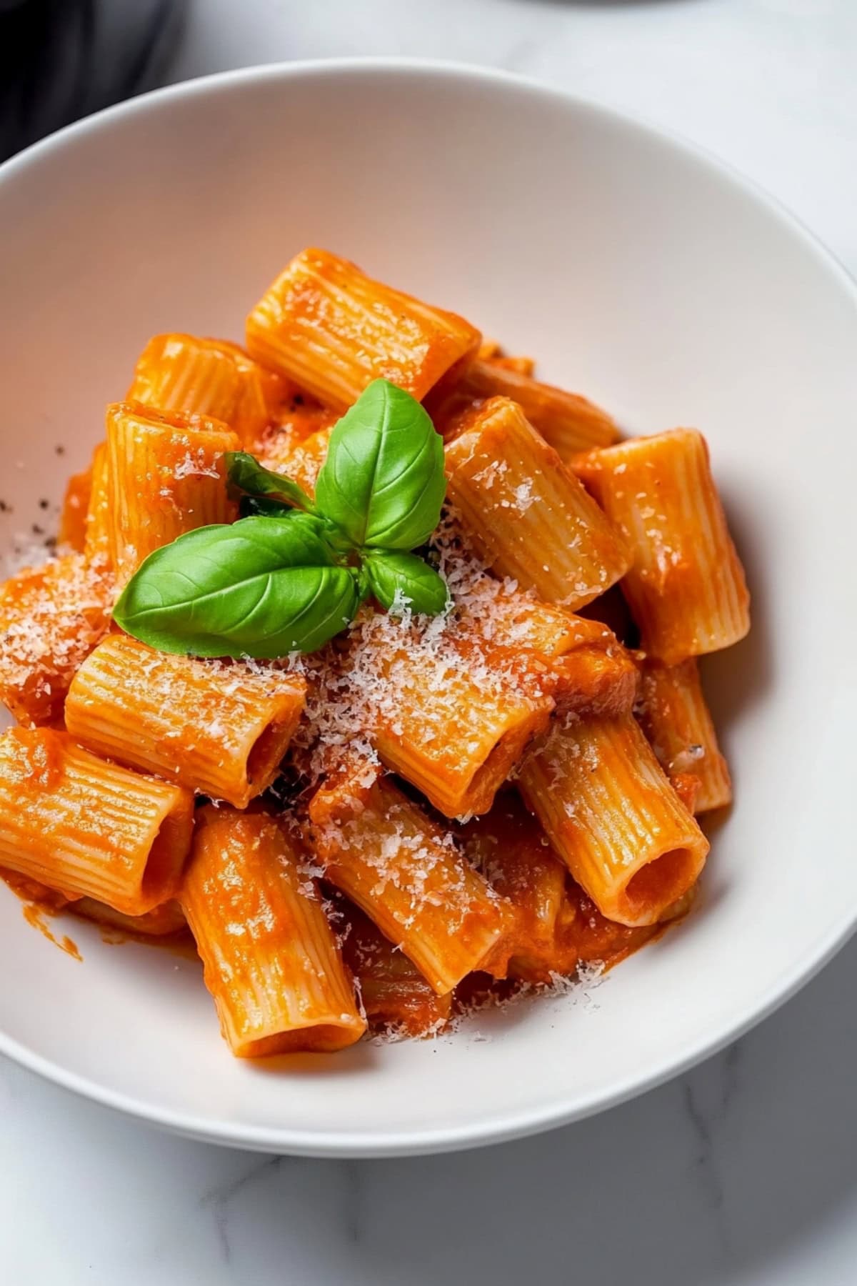 Close-up of rigatoni alla vodka, with the pasta coated in a rich, creamy tomato vodka sauce.