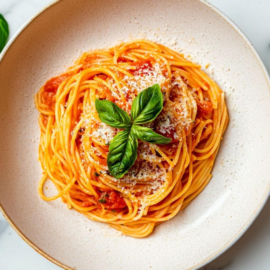 Serving of spaghetti arrabbiatia in a brown plate.