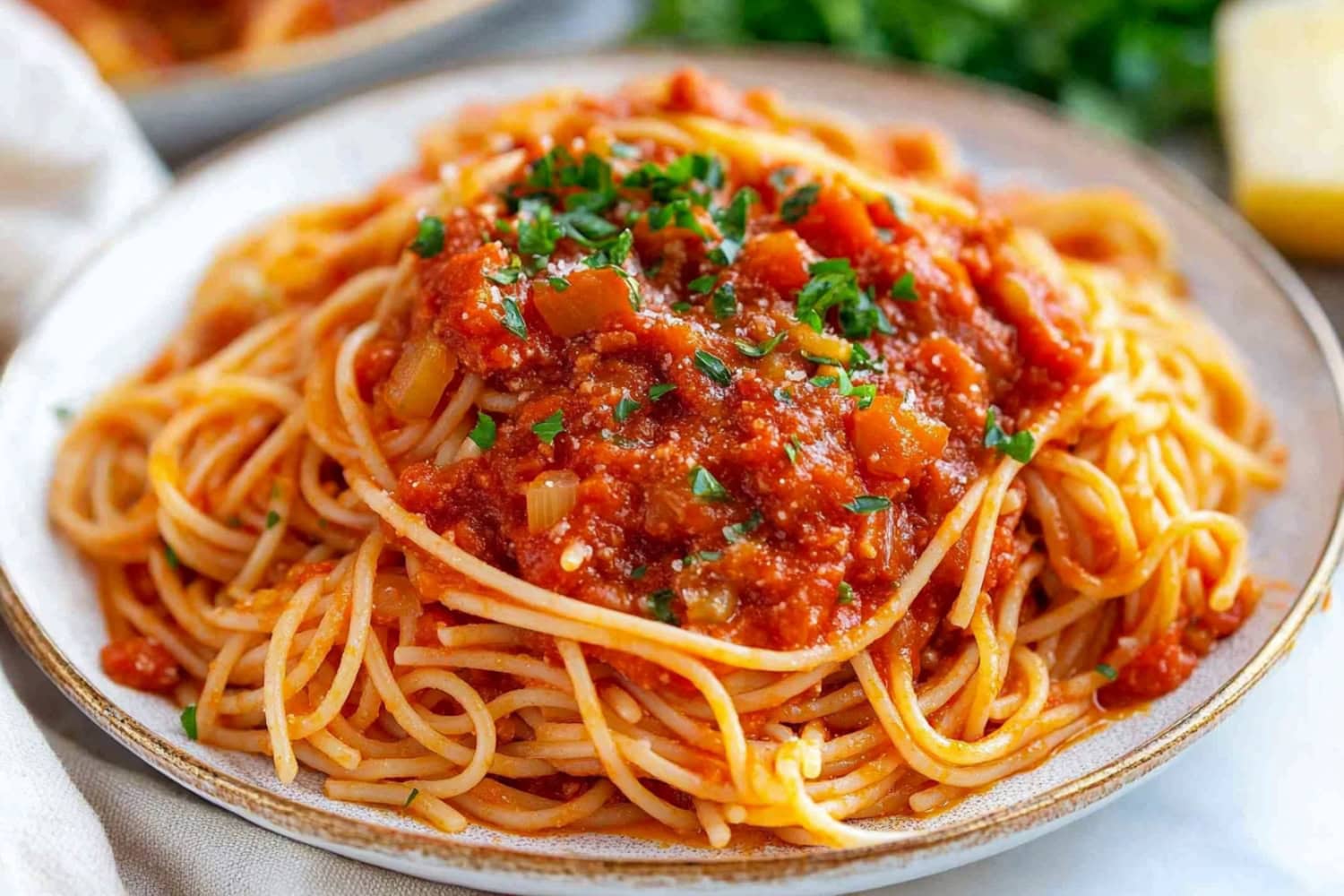 Spaghetti arrabbiatia serving in a shallow plate garnished with chopped parsley.