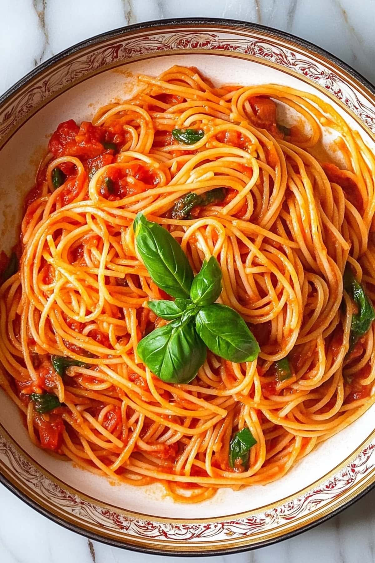 A platter of spaghetti with tomato sauce sprinkled with cheese garnished with basil leaves.