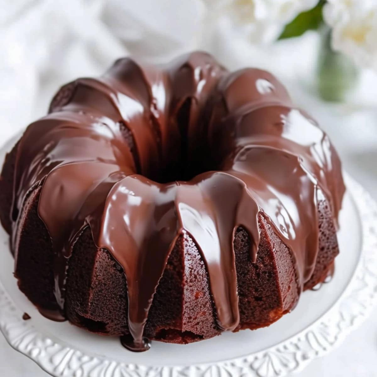 Close-up of a moist tunnel fudge cake with a thick, fudgy layer, drizzled with chocolate glaze. - 4