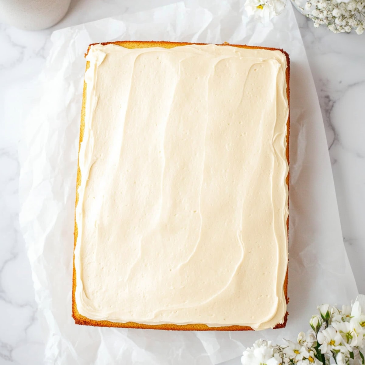 Whole buttermilk cake with vanilla frosting on top sitting on parchment paper.