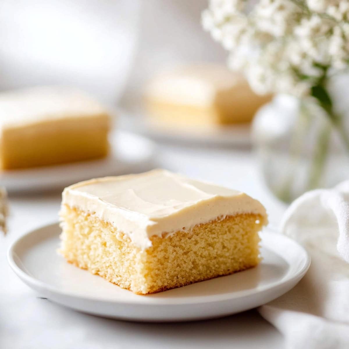 A slice of vanilla buttermilk cake on a white plate.