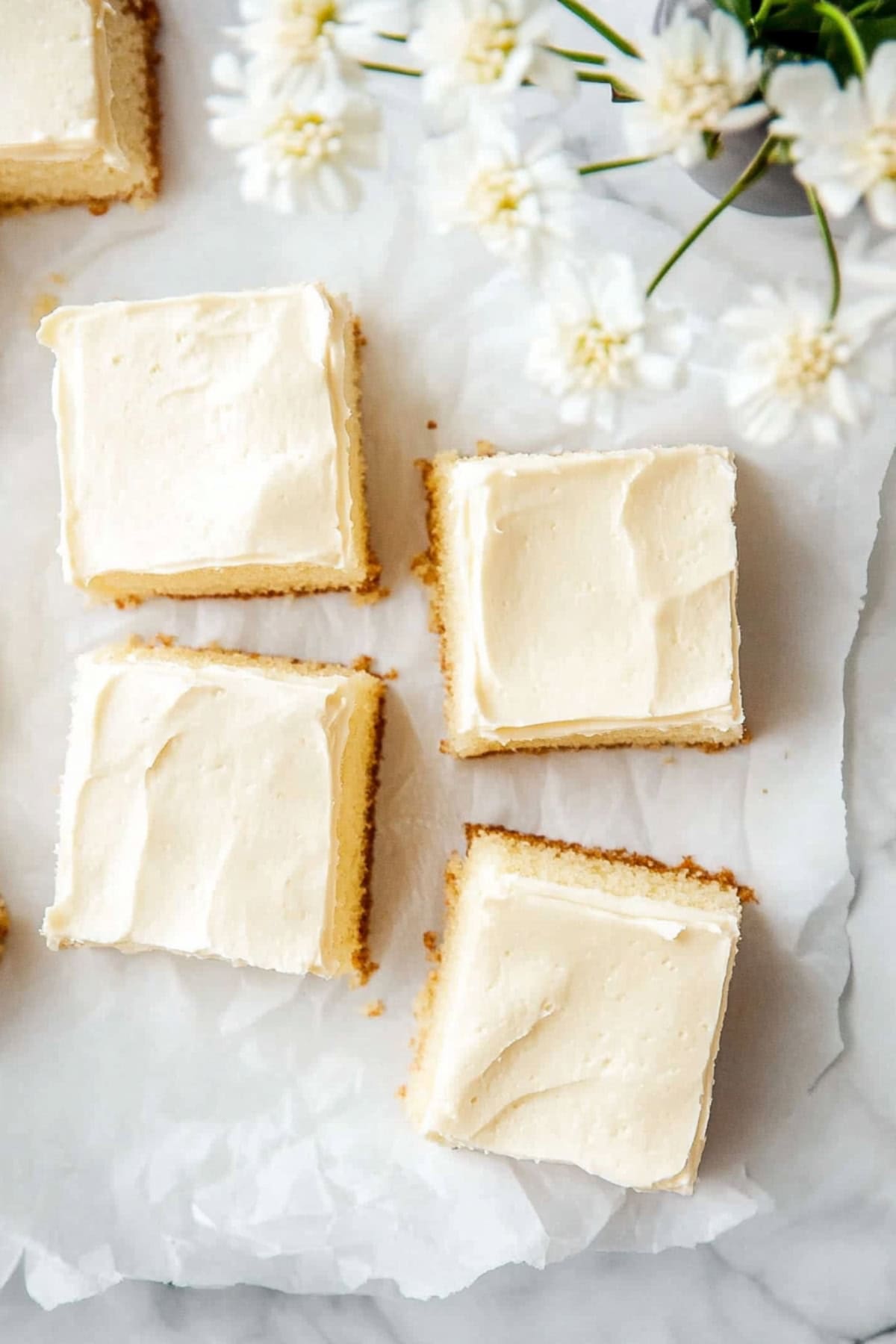 Vanilla buttermilk cake sliced in squares sitting on a white parchment paper.