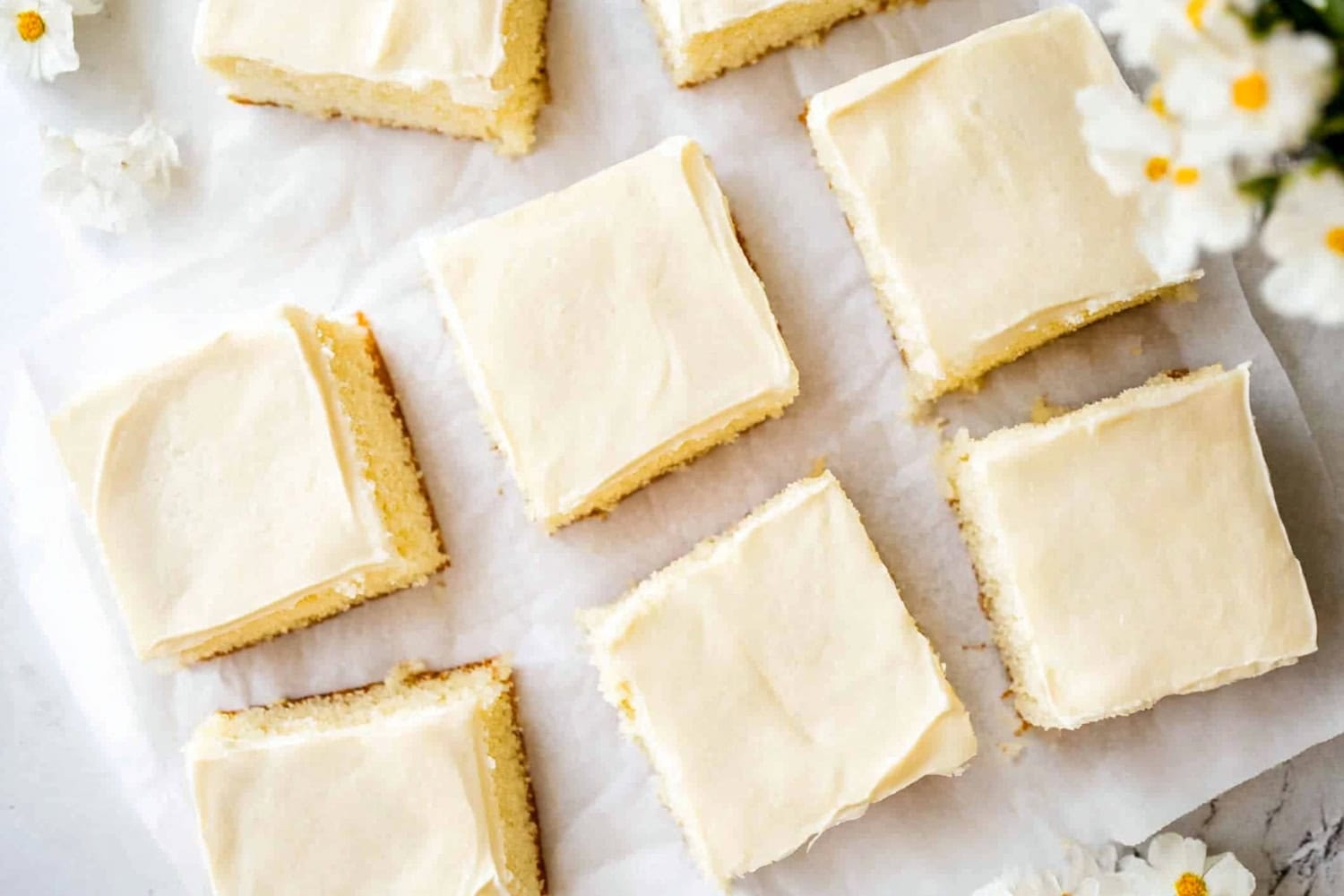 Square slices of buttermilk cake with a spread of vanilla on top sitting on a white parchment paper.