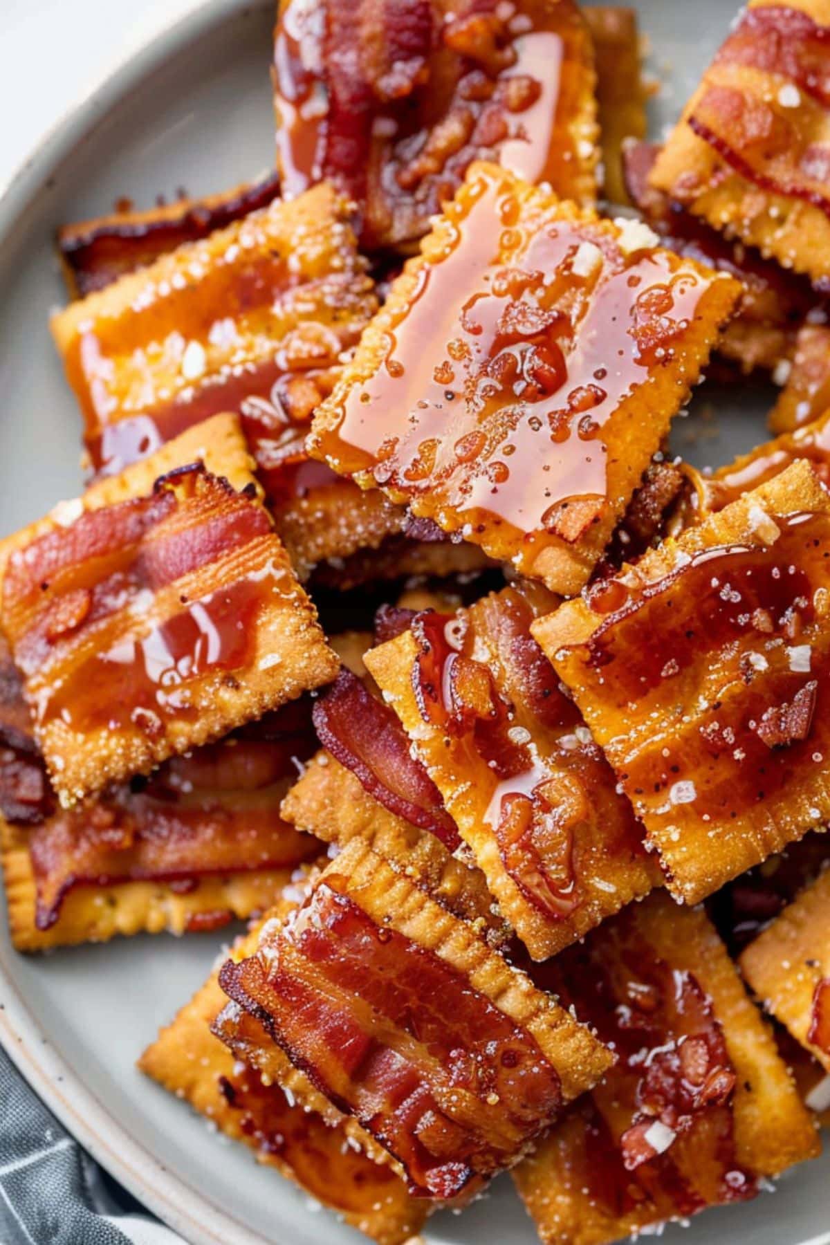 Bunch of bacon topped crackers glazing with maple syrup served in a gray plate.