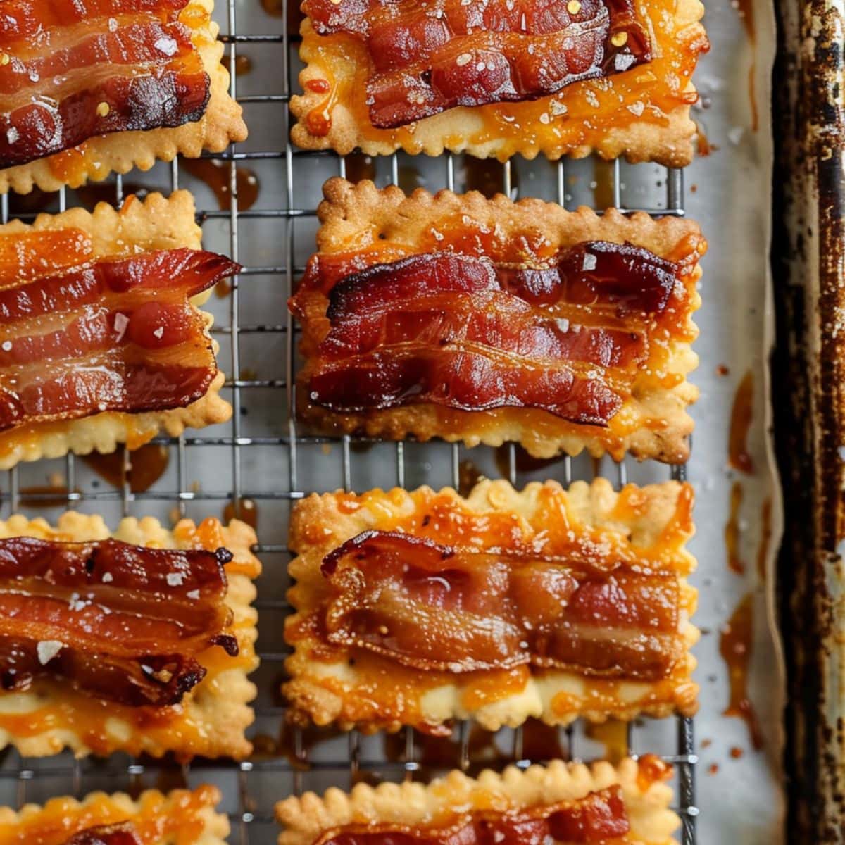 Bacon topped crackers sitting on top of cooling rack.