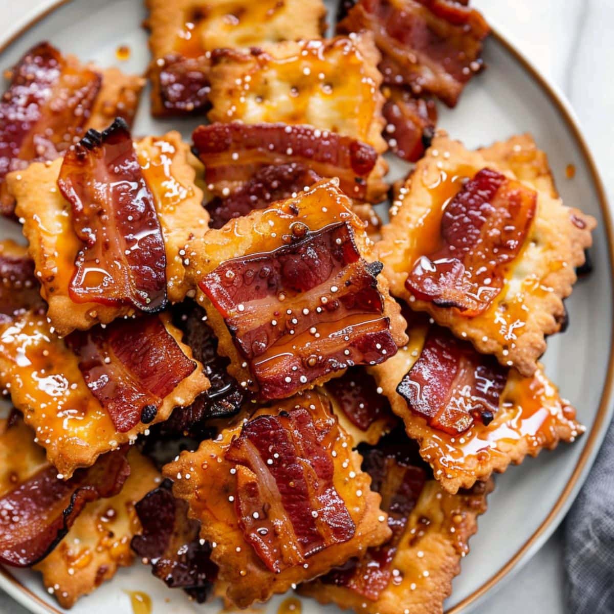 A platter of bacon topped crackers served in a plate.