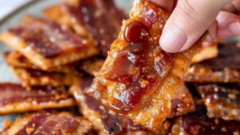 Hand picking up bacon cracker from serving in a plate.
