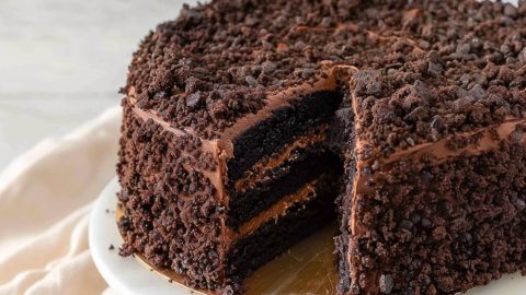 Sliced Brooklyn blackout cake covered with frosting and cake crumbs sitting on a cake tray.