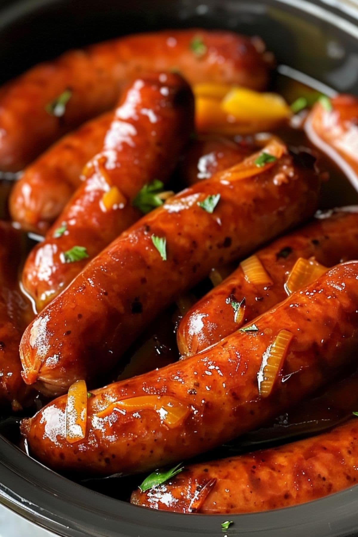 Sausages cooked with savory gravy inside a crockpot. - 4