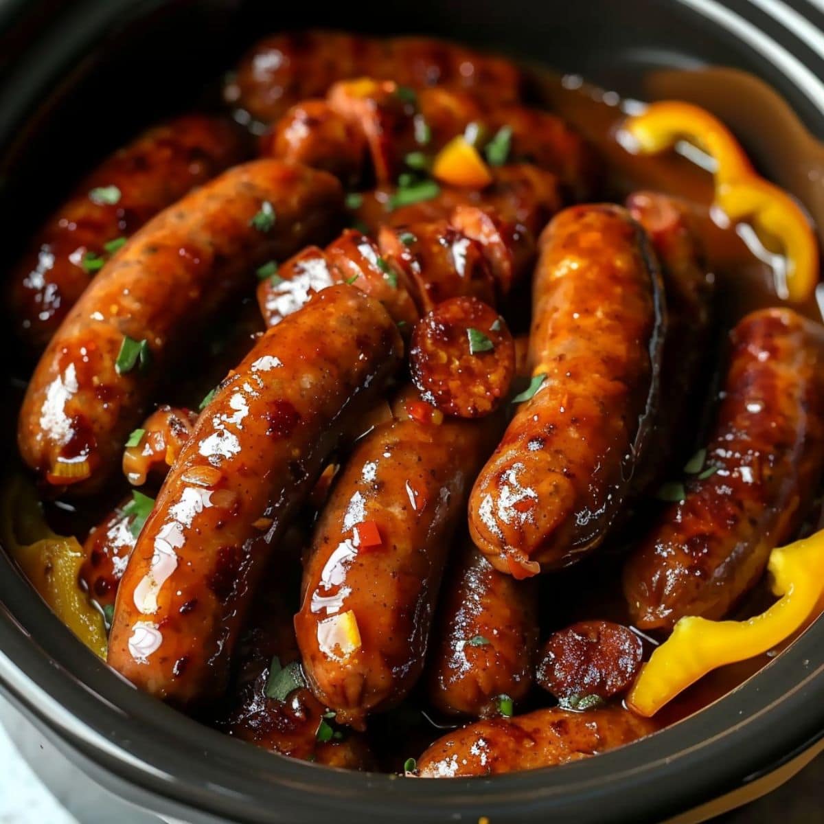 Sausages cooked with savory gravy sauce inside a crockpot. - 3