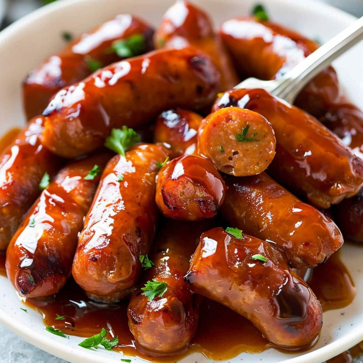 Lit’l Smokies sausages cooked with savory sauce served in a white plate. - 5