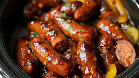 Sausages cooked with gravy inside a crockpot.