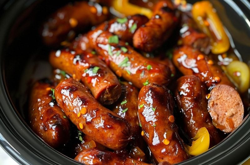 Sausages cooked with gravy inside a crockpot.
