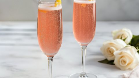 Two glasses of Valentine's day mocktail made with grapefruit soda and raspberry syrup.