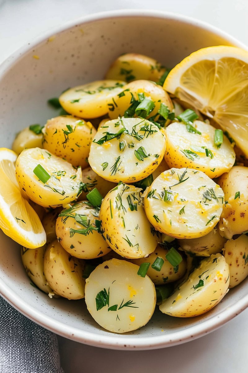 A bowl of lemon potato salad with fresh parsley, dill and green onions, close up