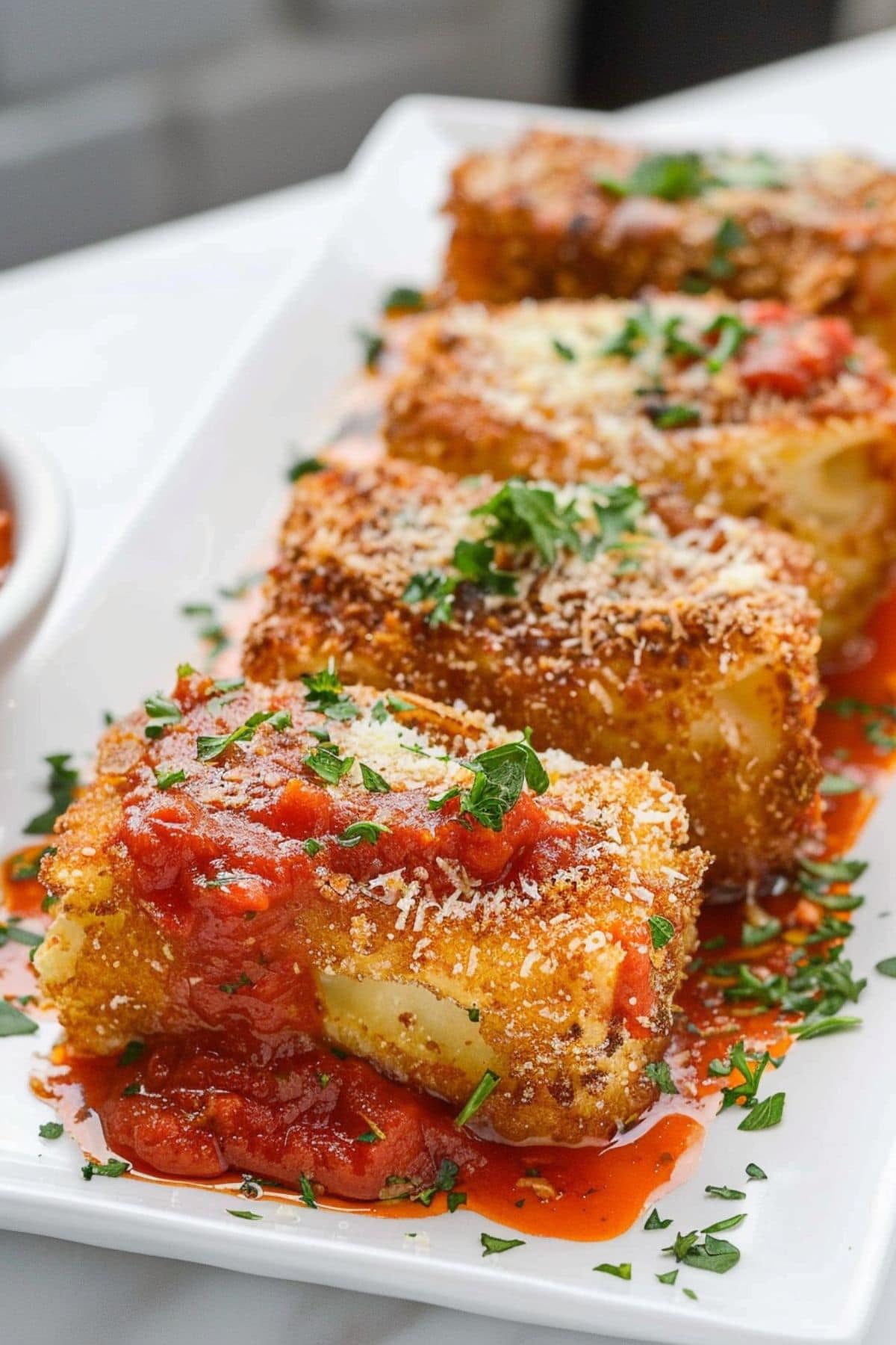 Fried lasagna served on top of marinara sauce garnished with grated parmesan cheese.