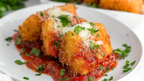Breaded fried lasagna with marinara sauce garnished with grated parmesan cheese served in a white plate.