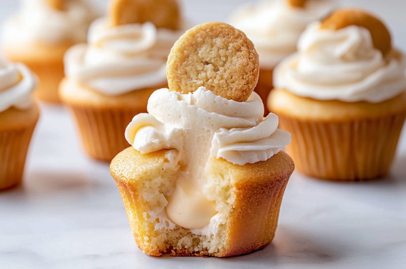 Soft banana pudding cupcakes with whipped topping and vanilla wafer cookies.