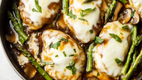 A close-up of chicken Madeira with wine and mushroom sauce in a skillet.