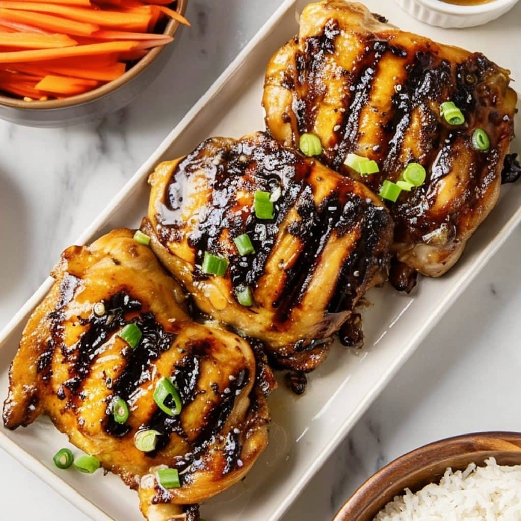 Vietnamese Lemongrass Chicken thighs on a plate, with a bowl of rice on the side.