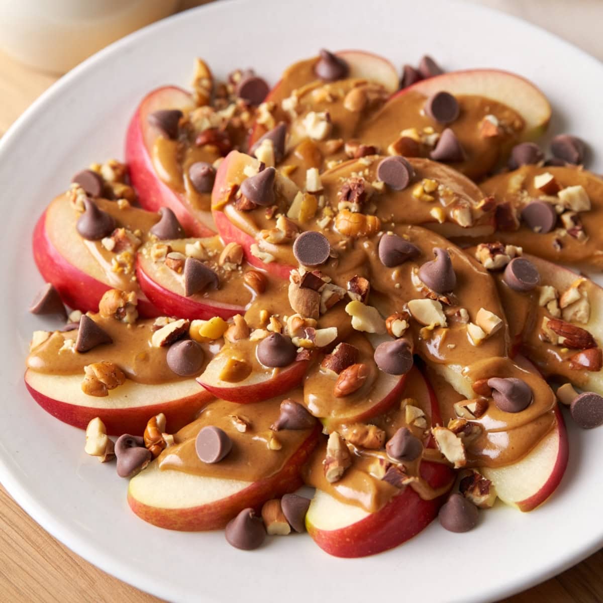 Apple nachos drizzled with peanut butter, mini chocolate chips and chopped nuts