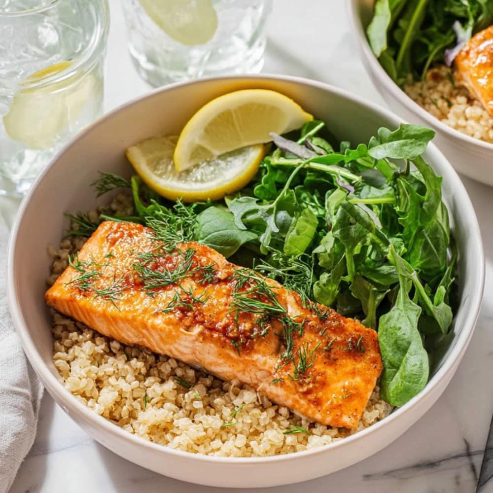 A bowl of baked dijon salmon fillet with greens over quinoa.