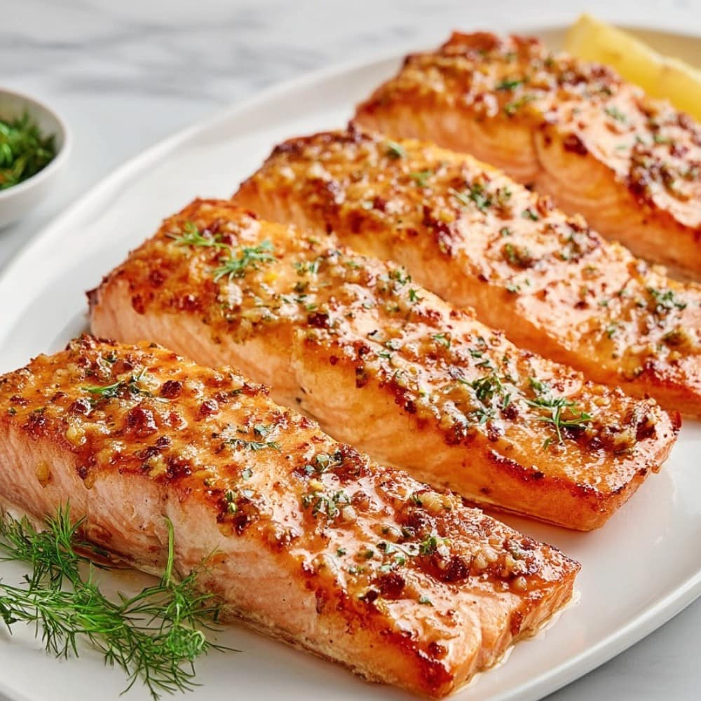 Baked Honey Dijon Salmon fillets on a platter.