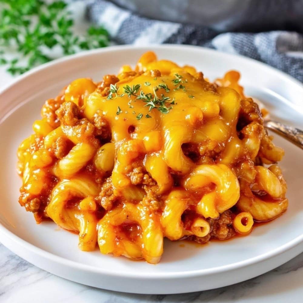 A serving of cheesy beefaroni on a plate.
