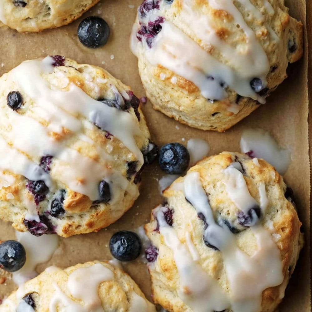 Blueberry biscuits fresh out of the oven, drizzled with vanilla glaze and dotted with blueberries.