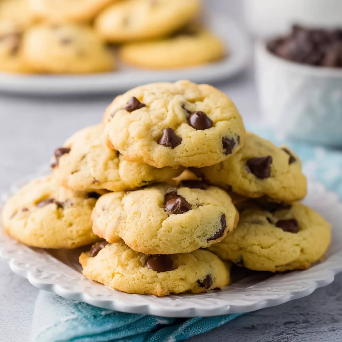 Cake mix cookies with chocolate chips in an elegant plate.