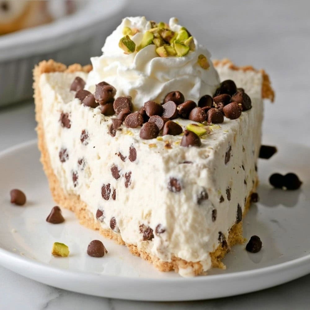 A slice of cannoli pie with whipped cream, mini chocolate chips, and chopped pistachios on top