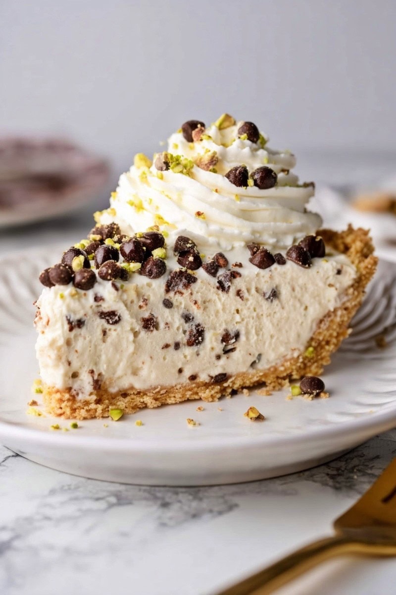 A slice of cannoli pie with a graham cracker crust, topped with chocolate chips, pistachios, and whipped cream.