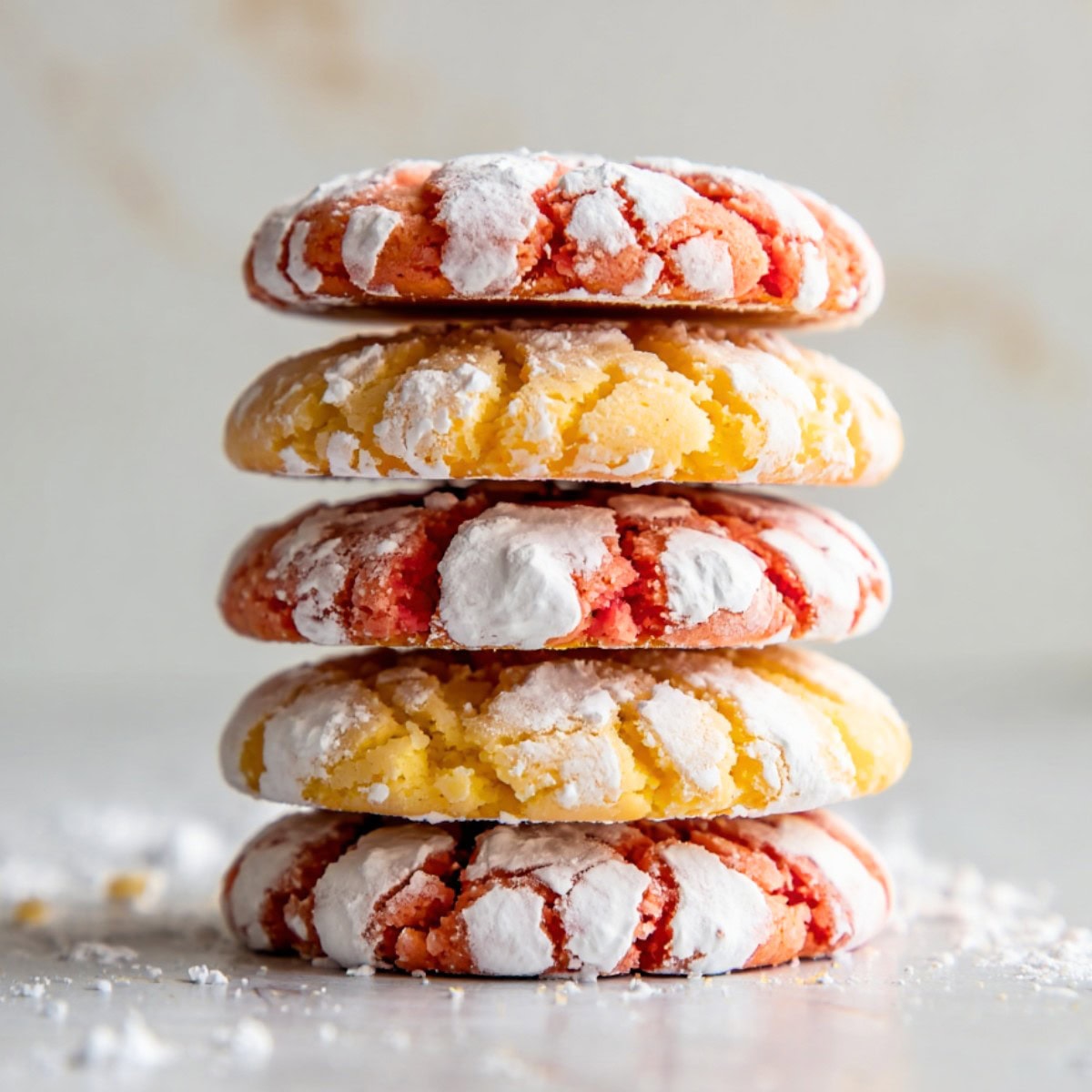 Stacked cool whip cookies with powdered sugar.